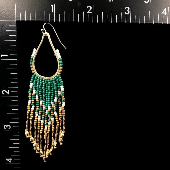 Green White Gold Seed Bead Long Tassel Handmade Statement Dangle Earrings - Picture 2 of 3